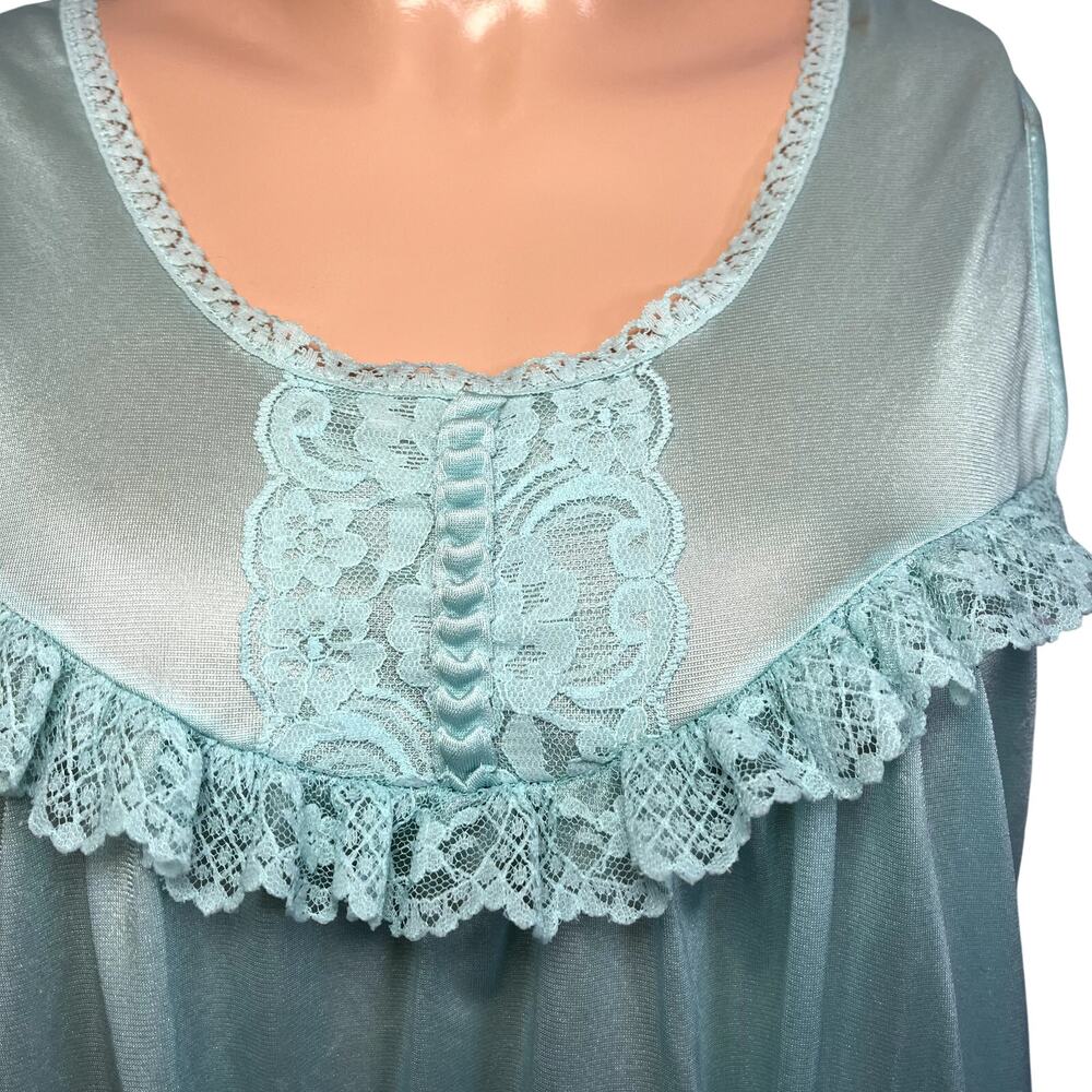 VTG 60s Handmade Blue Nylon Lace Trim Pleated Nightgown M Coquette Cottagecore - Picture 3 of 17